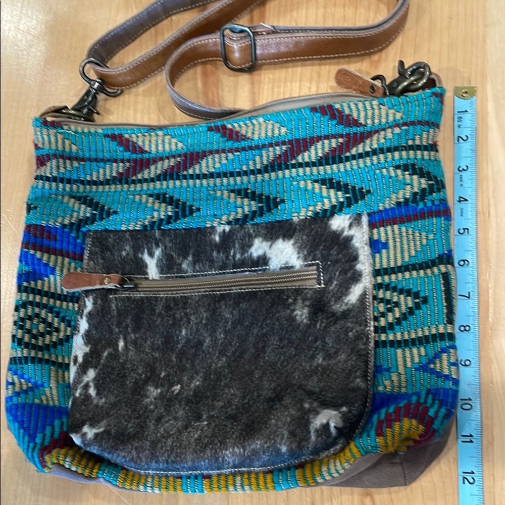 Myra Aztec Cowhide Crossbody Bag 13.5W X 12L with adj. leather strap
